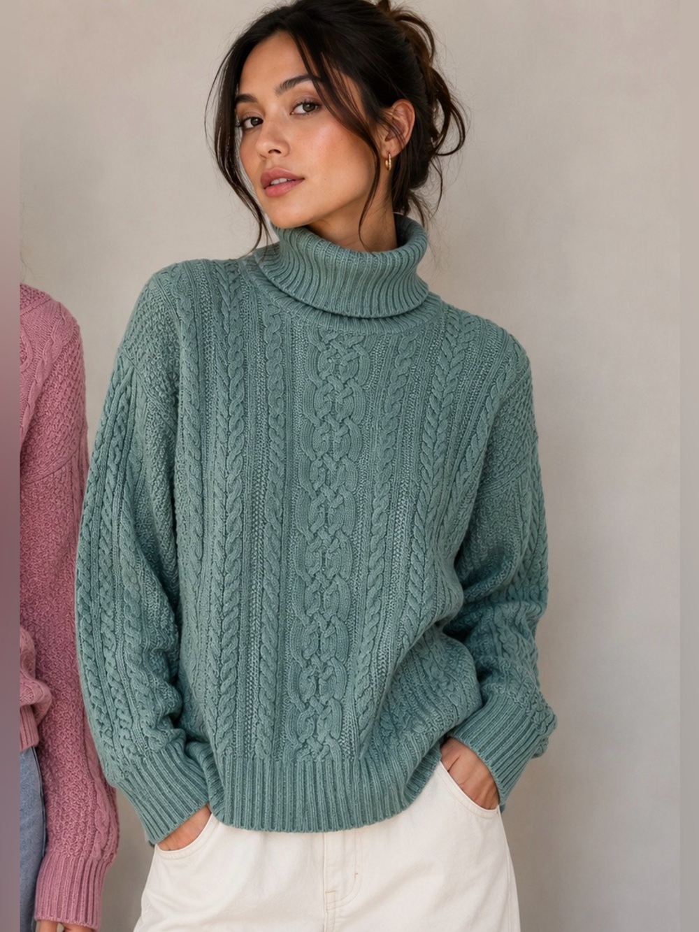 Amazon Essentials Sage Green Cable Knit Fisherman Turtleneck Sweater Size M